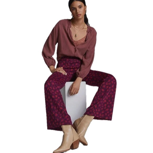 Anthropologie | Plum Knit Flare Pants with Abstract Floral Print | Size XS - Picture 4 of 15